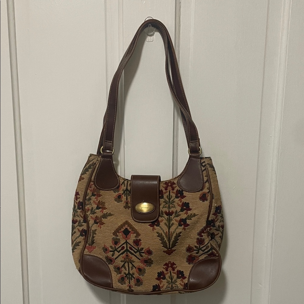 Strada Floral Embroidered Tan and Brown Shoulder Bag